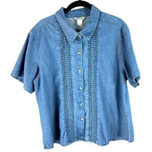 Vintage 90s Stonebridge Womens XL Denim Shirt Pleated Button Front Blue Cotton